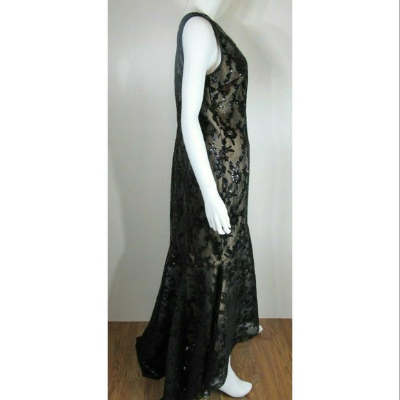 ELIZA J Sequin Lace Mesh High Low Trumpet Bodycon Dress, Black, Womens Size 12 - Picture 4 of 8